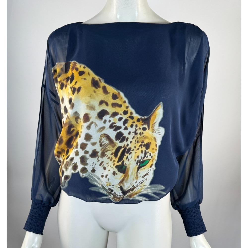 Trina Turk Chiffon Blouse Leopard Top Women XS EUC Long Sleeve Boat Neck Blue